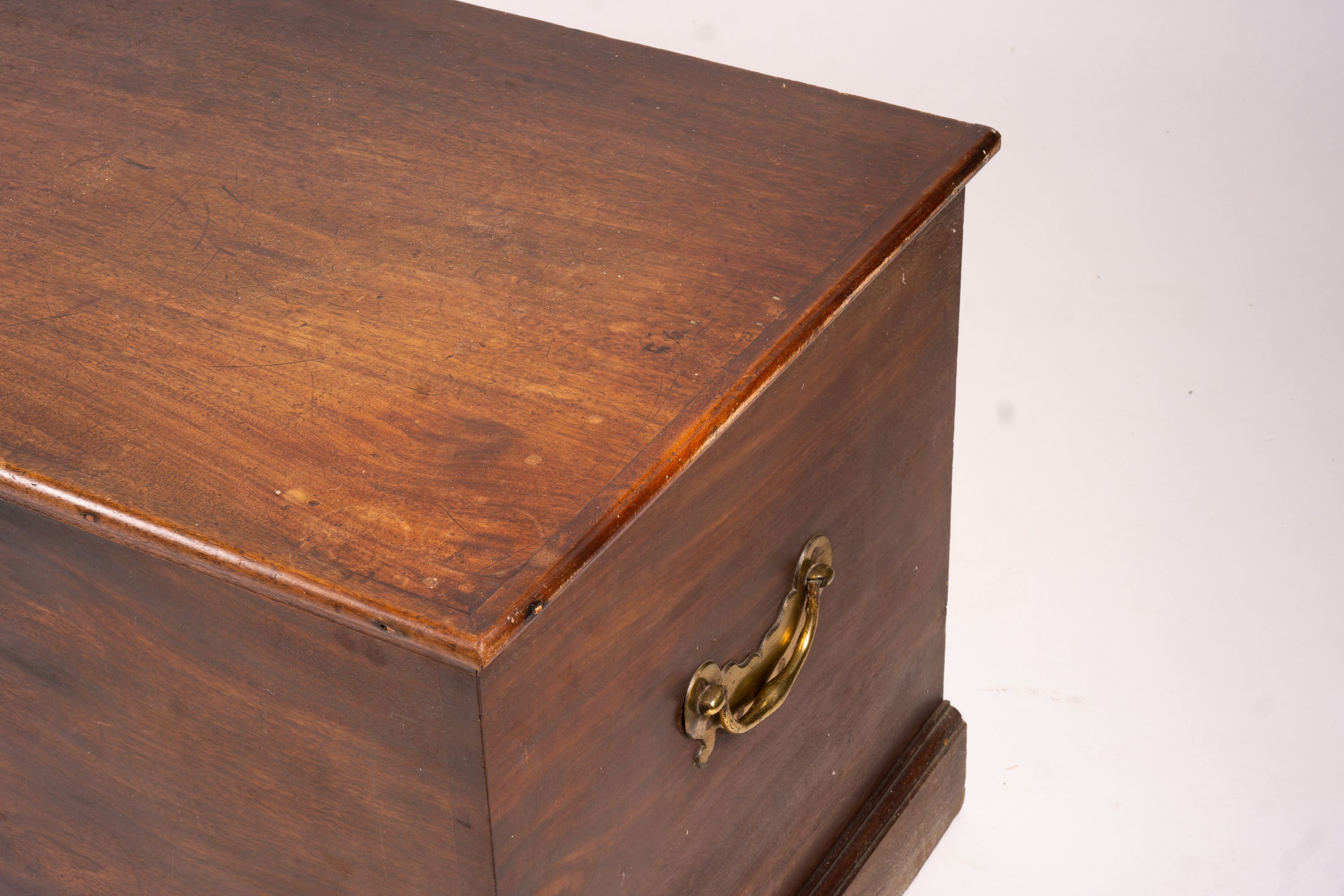 A large 19th century mahogany trunk with brass side handles, length 125cm, width 63cm, height 62cm